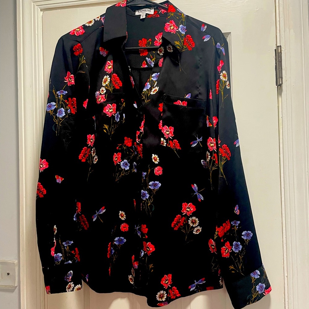Large Express Black Floral Button down blouse
